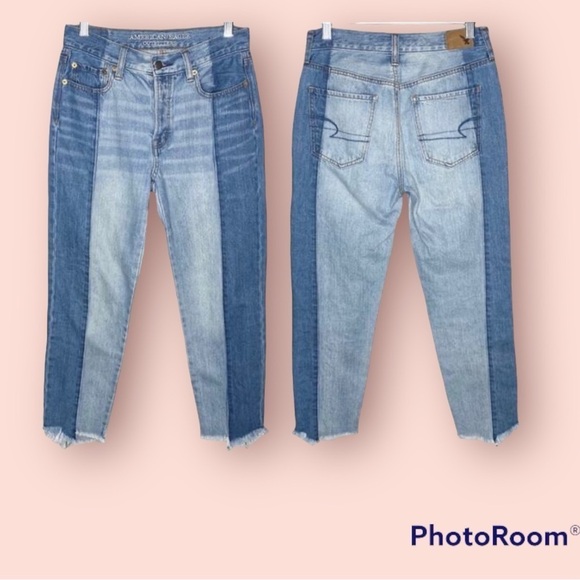 AMERICAN EAGLE OUTFITTERS AEO VINTAGE HI RISE BUTTON FLY RAW HEM 2 TONE JEANS 2 - Picture 3 of 3